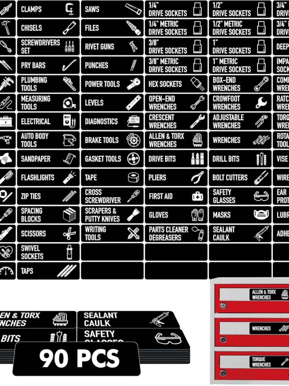 90 PCS Magnetic Toolbox Labels, 82 Pre-Printed & 8 Blanks Large Size Tool Chest